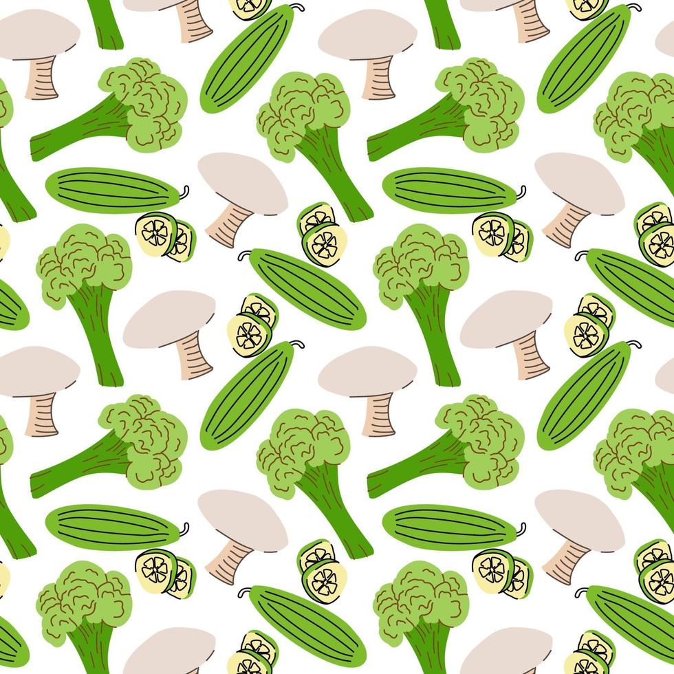 padrão sem emenda com cogumelos, fatias de pepino, brócolis em um fundo branco. ilustração em vetor de ingredientes para alimentos em plano de fundo em um estilo doodle plana.