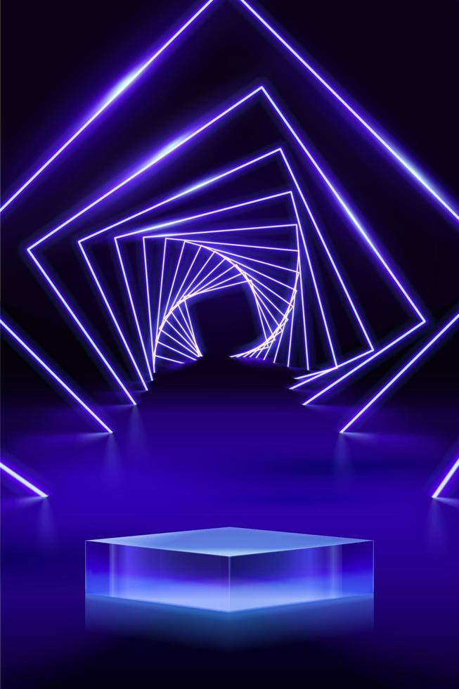 3d futurista e luxo produtos exibição fundo. vidro cubo etapa com geométrico néon luz decoração. vetor