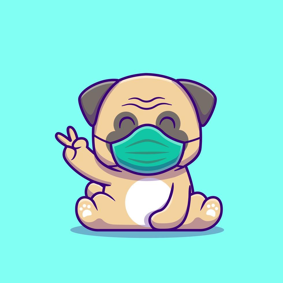 fofa pug cachorro sentado e vestindo mascarar desenho animado vetor ícone ilustração. animal saudável ícone conceito isolado Prêmio vetor. plano desenho animado estilo