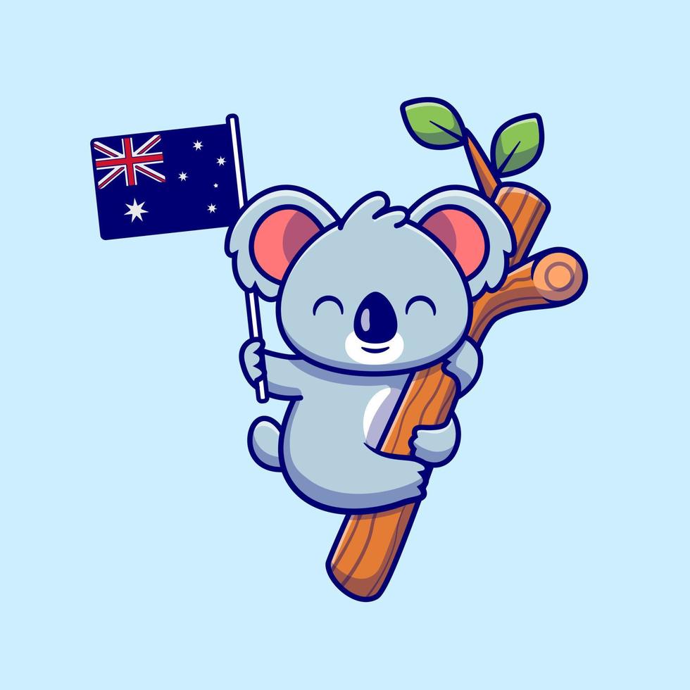 fofa coala suspensão em árvore e segurando australiano bandeira desenho animado vetor ícone ilustração. animal natureza ícone conceito isolado Prêmio vetor. plano desenho animado estilo