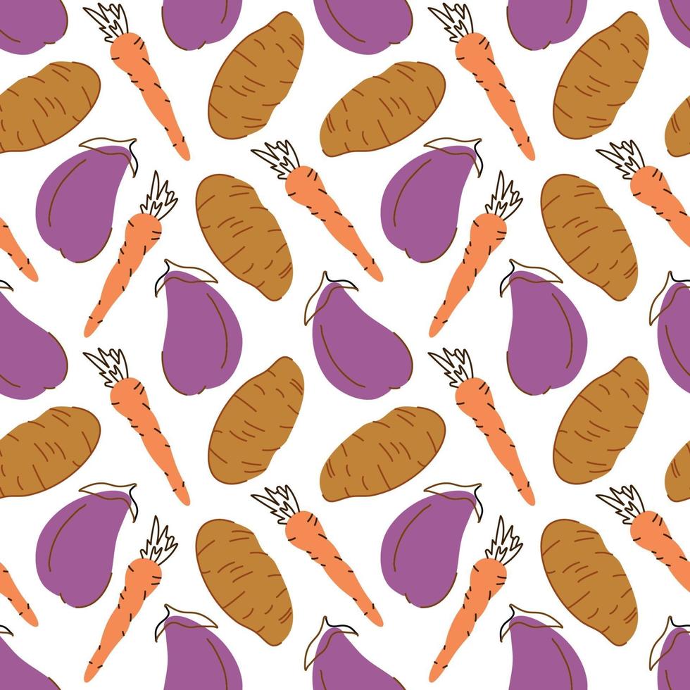 padrão sem emenda com batata cenoura berinjela em um fundo branco. ilustração em vetor de ingredientes para alimentos em plano de fundo em um estilo doodle plana.