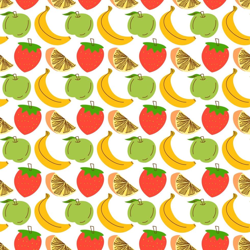 padrão sem emenda com fundo de frutas. padrão sem emenda com fundo de morango, maçã, laranja, banana. ilustração vetorial para papel de parede, têxteis, tecido, papel. vetor