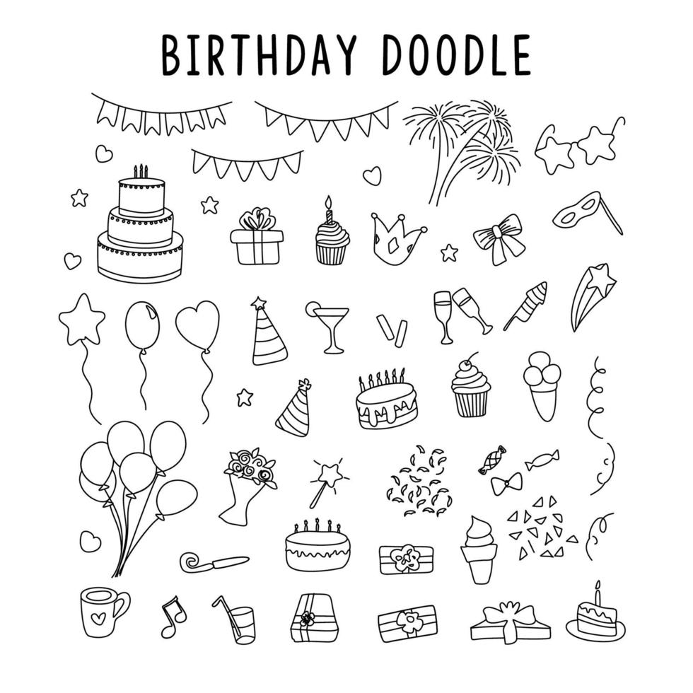 conjunto de elementos doodle decorações para aniversário. conjunto de elementos vetoriais para rabiscos de aniversário e festa vetor