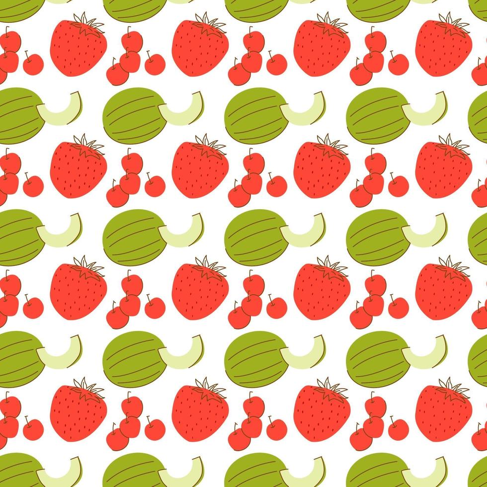 padrão de frutas com elemento de melão, morango e cereja de coloração. padrão sem emenda com melancias e morangos. vetor