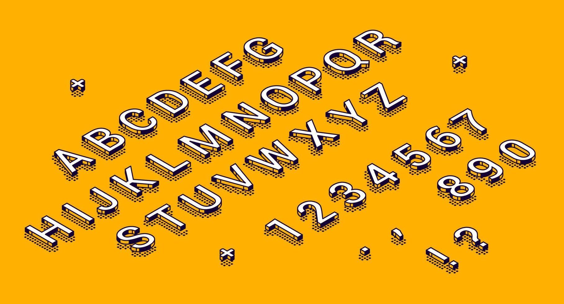 isométrico alfabeto, números e pontuação marcas vetor