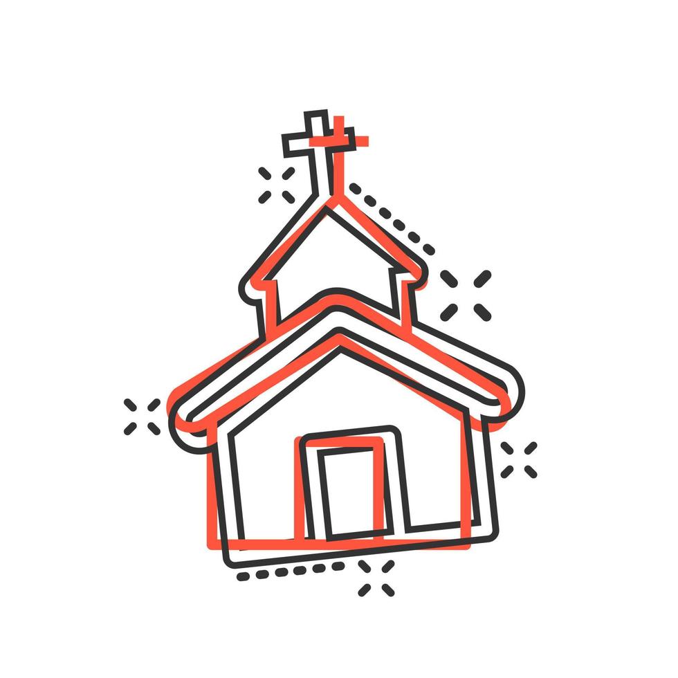 ícone da igreja em estilo cômico. capela ilustração dos desenhos animados vetor sobre fundo branco isolado. efeito de respingo de conceito de negócio de construção religiosa.