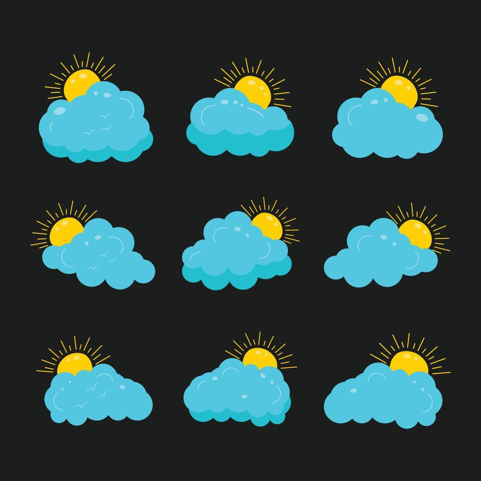 conjunto do azul céu amarelo Sol nuvens, clima ícones, nuvens dentro a céu, sol atrás a nuvens, gravação estilo, natureza Sol clima e fofa nuvens, nuvens coloração página vetor ilustração