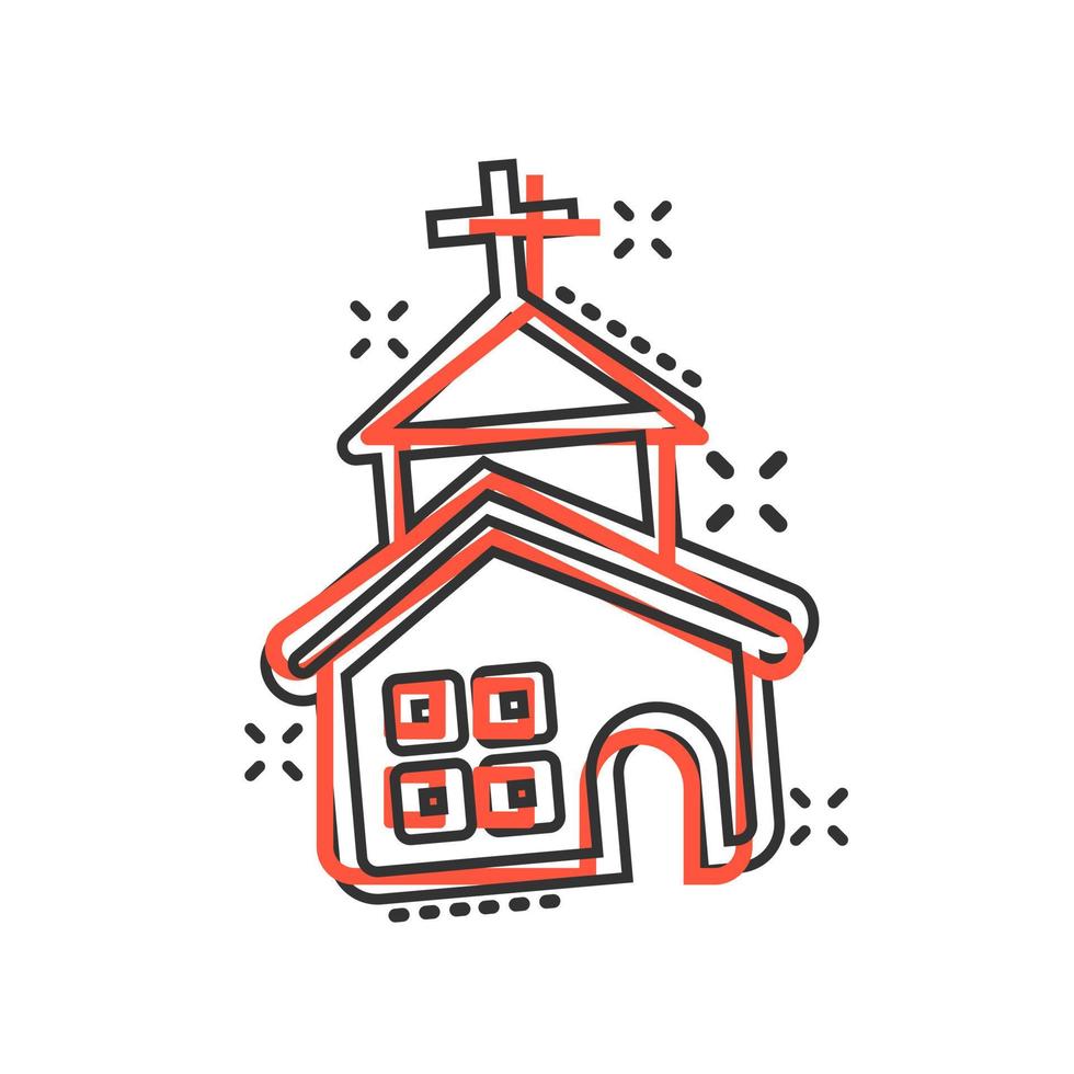 ícone da igreja em estilo cômico. capela ilustração dos desenhos animados vetor sobre fundo branco isolado. efeito de respingo de conceito de negócio de construção religiosa.