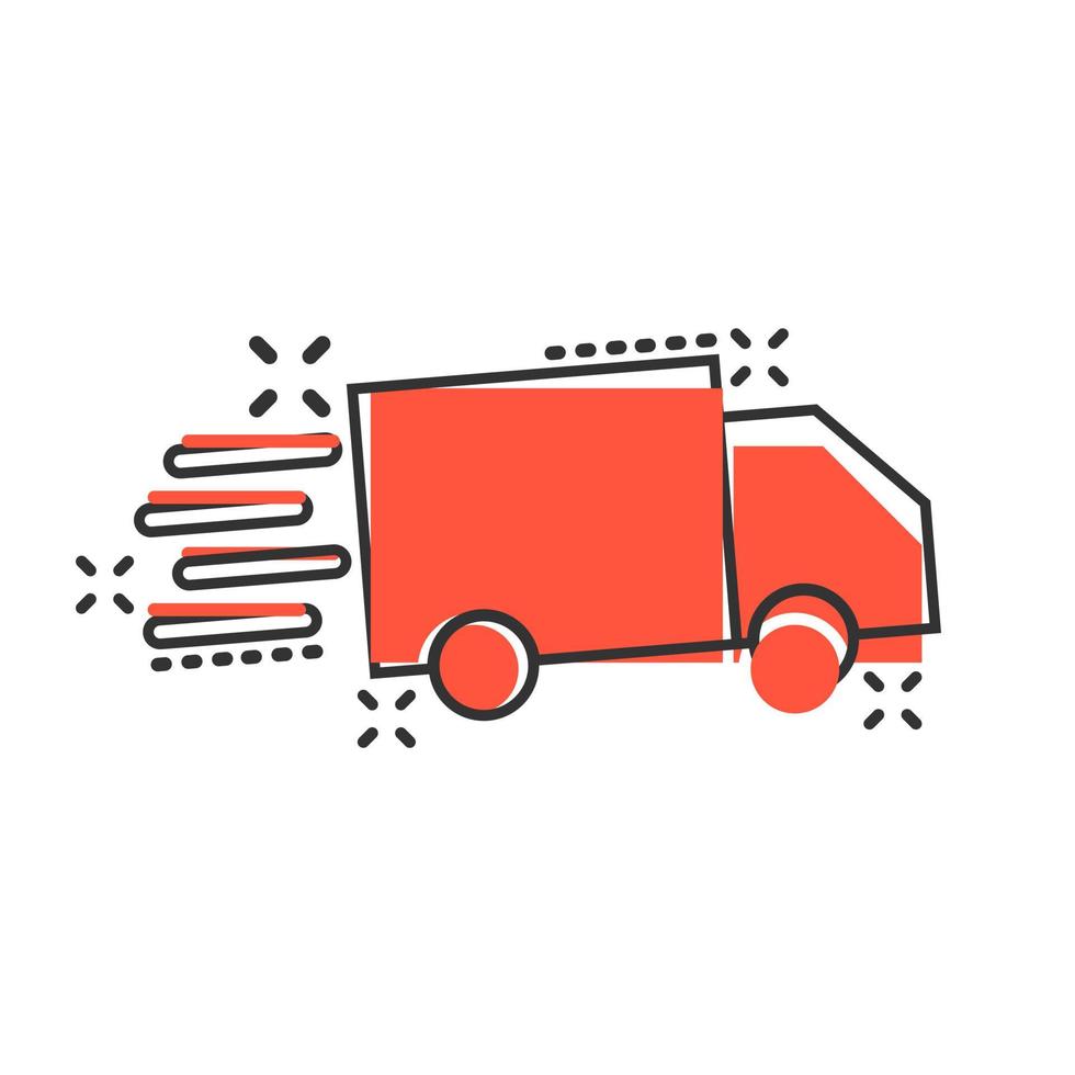 ícone de sinal de caminhão de entrega em estilo cômico. van vector cartoon ilustração sobre fundo branco isolado. efeito de respingo de conceito de negócio de carro de carga.