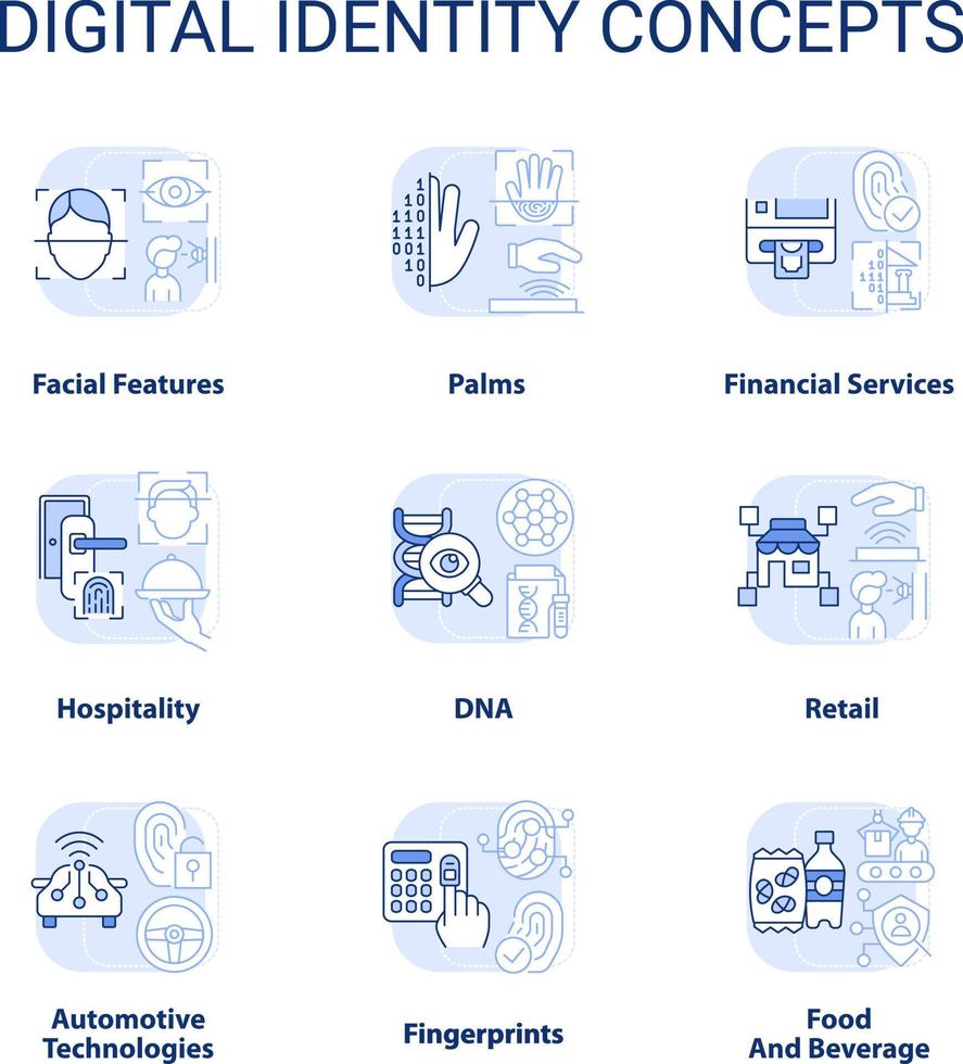 digital identidade luz azul conceito ícones definir. biométrico tecnologia idéia fino linha cor ilustrações. pessoal info. isolado símbolos. editável acidente vascular encefálico vetor