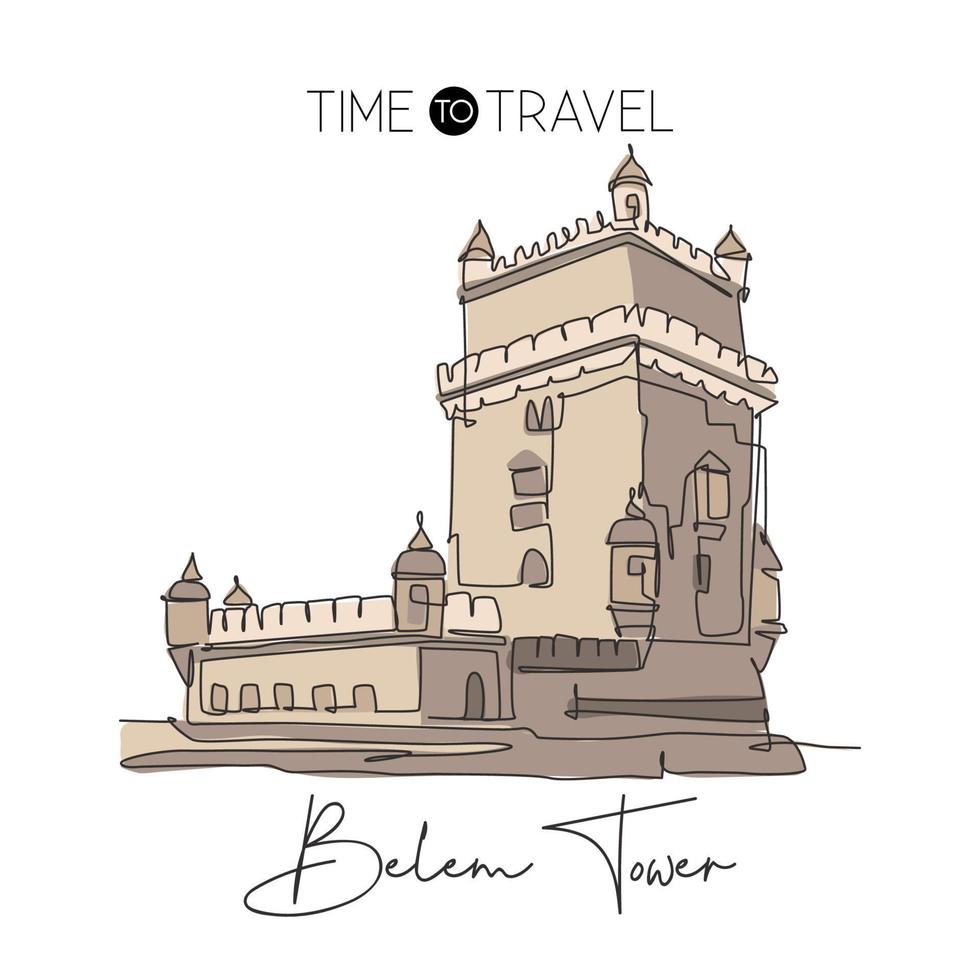 um único marco de torre de belem desenho de linha. lugar icônico mundialmente famoso em lisboa, portugal. conceito de arte de decoração de parede para casa de cartão postal de viagens de turismo. ilustração em vetor design de desenho de linha contínua moderna