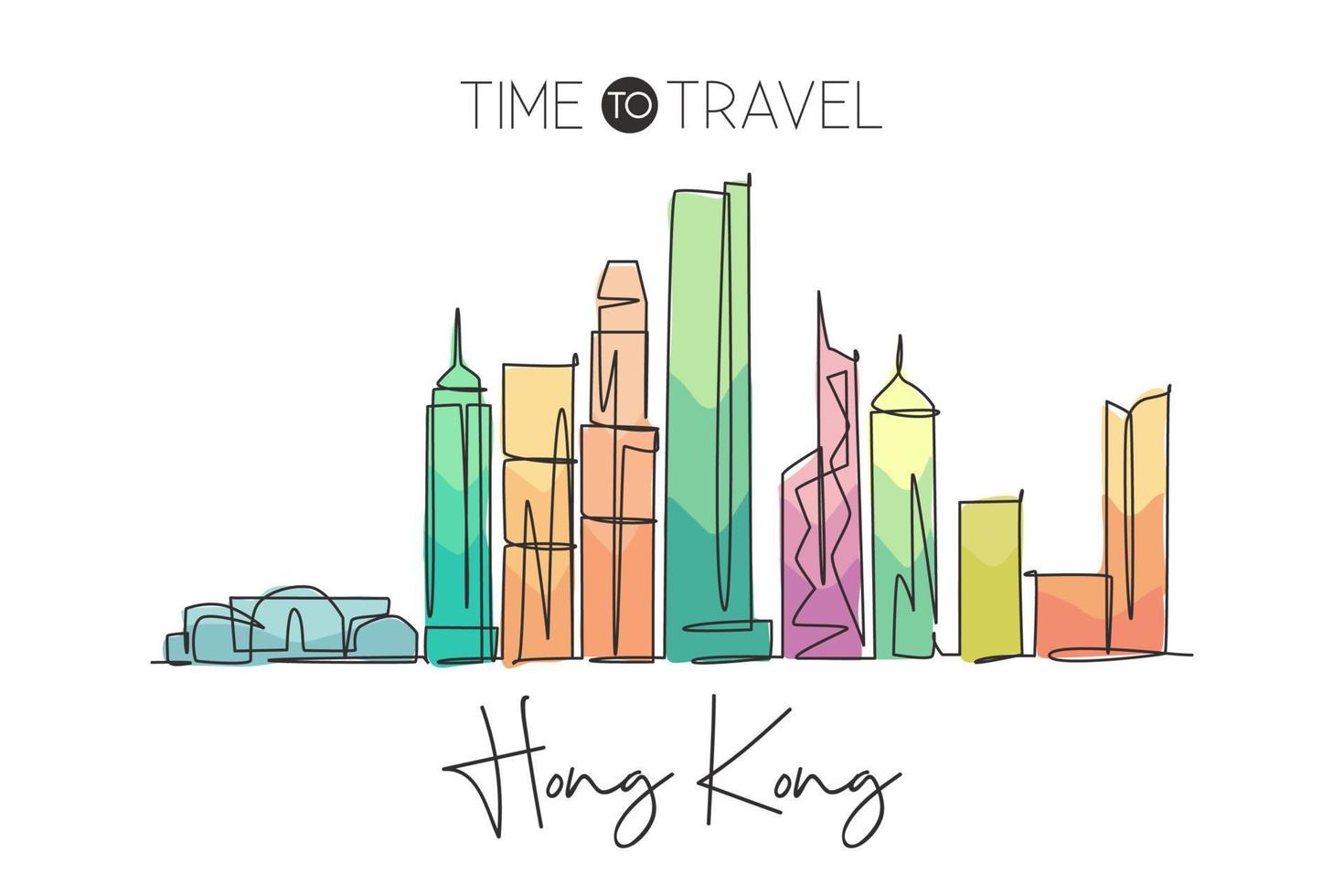 um desenho de linha contínua do horizonte da cidade de hong kong, china. bela impressão de pôster de decoração de parede de marco. férias de viagens de turismo de paisagem mundial. ilustração em vetor de design de desenho de linha única elegante