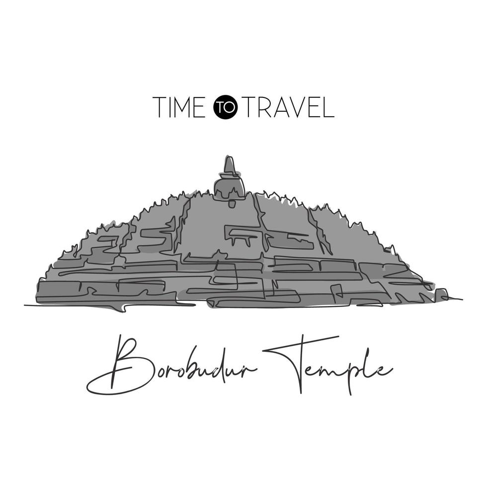 um único desenho de linha marco do templo candi borobudur. ícone mundial na Indonésia. impressão de cartaz de arte de decoração de parede de casa de cartão postal de viagem de turismo. ilustração em vetor design de desenho de linha contínua moderna