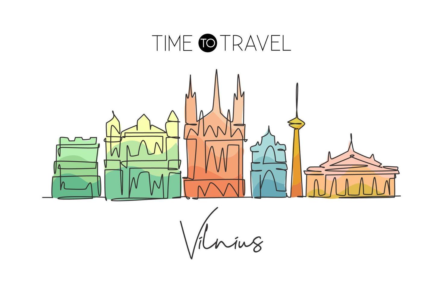 um desenho de linha contínua do horizonte da cidade de vilnius, lituânia. belo marco. impressão do cartaz da decoração da parede das férias do turismo da paisagem mundial. ilustração em vetor de design de desenho de linha única elegante