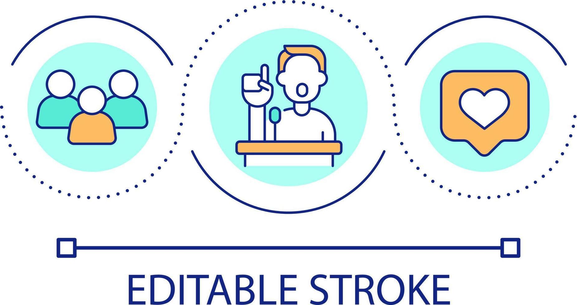 público desempenho do alto falante ciclo conceito ícone. popular político às reunião. comunicação abstrato idéia fino linha ilustração. isolado esboço desenho. editável acidente vascular encefálico vetor