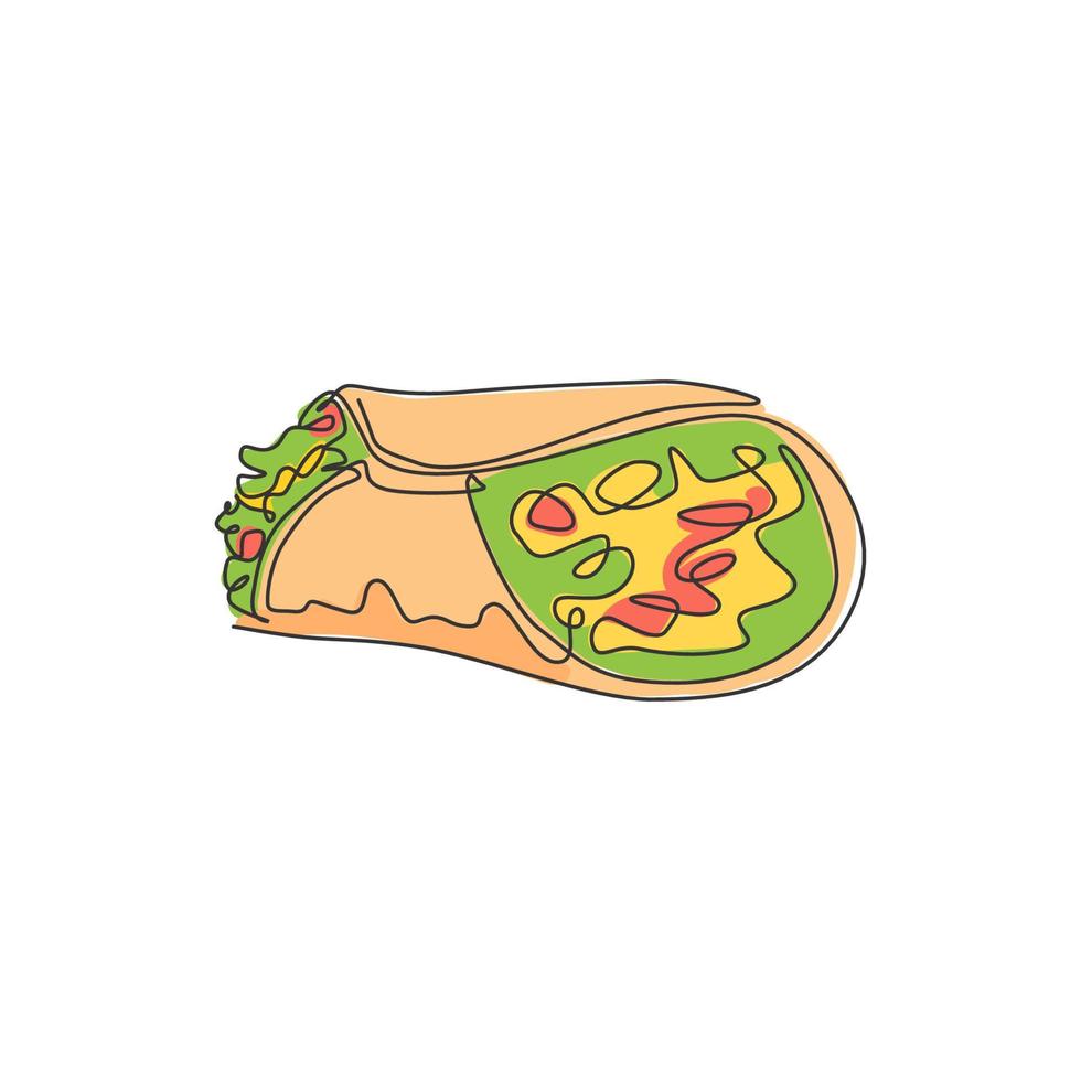 um único desenho de linha de ilustração vetorial de logotipo de burritos mexicanos picantes quentes frescos. menu de café de comida tradicional e conceito de crachá de restaurante. logotipo de comida de rua de design de desenho de linha contínua moderno vetor