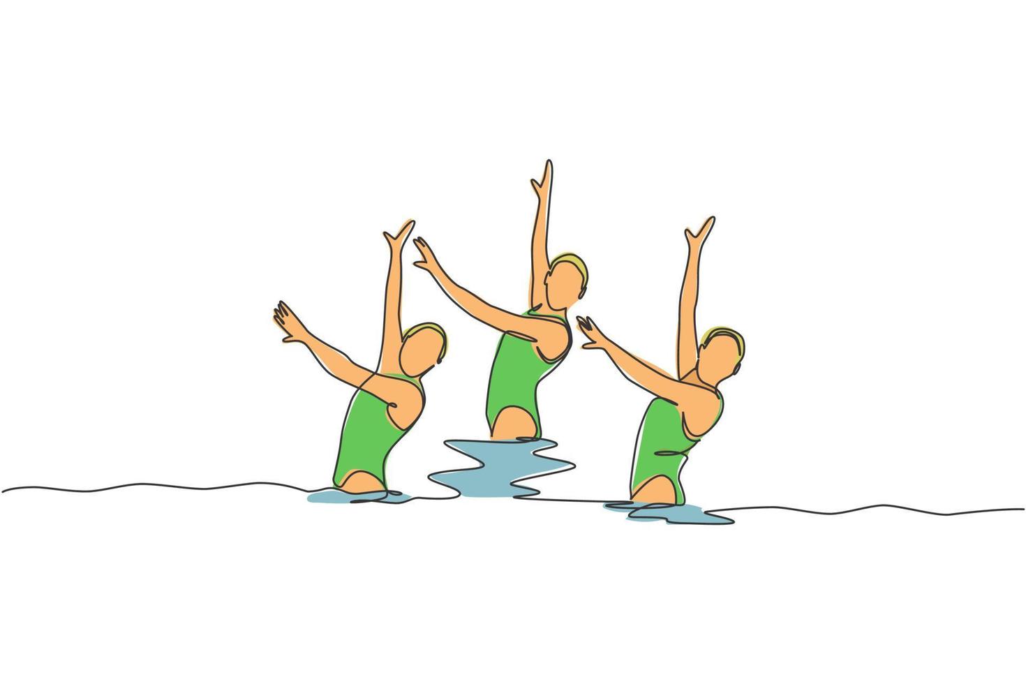 1 contínuo linha desenhando do jovem desportivo mulheres sincronizado nadador executar beleza movimento dentro a água piscina. saudável ginástica esporte conceito. dinâmico solteiro linha desenhar Projeto vetor ilustração