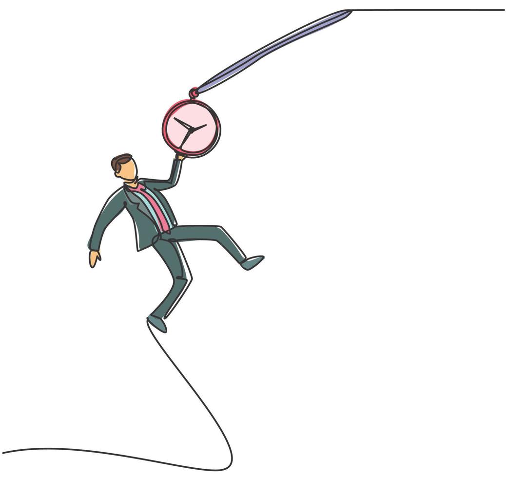 Contínuo um desenho de linha jovem trabalhador balançando em uma corrente de relógio de bolso para atingir a meta dos objetivos. conceito minimalista de negócios de gerenciamento de tempo. ilustração gráfica de vetor de desenho de linha única