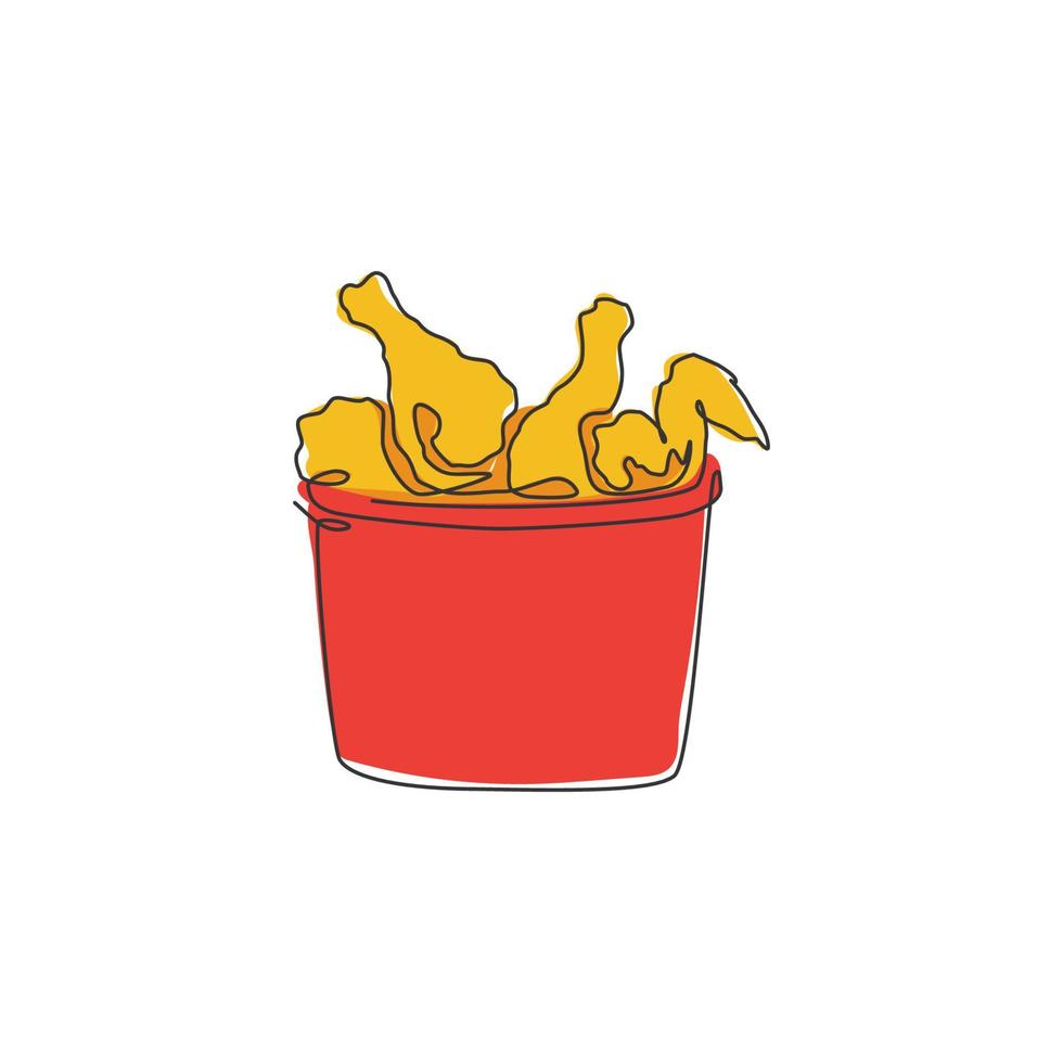 uma linha contínua desenhando deliciosas galinhas fritas americanas no emblema do logotipo do restaurante cesta. conceito de modelo de logotipo de loja de fast food. ilustração gráfica de vetor de desenho de linha única moderna