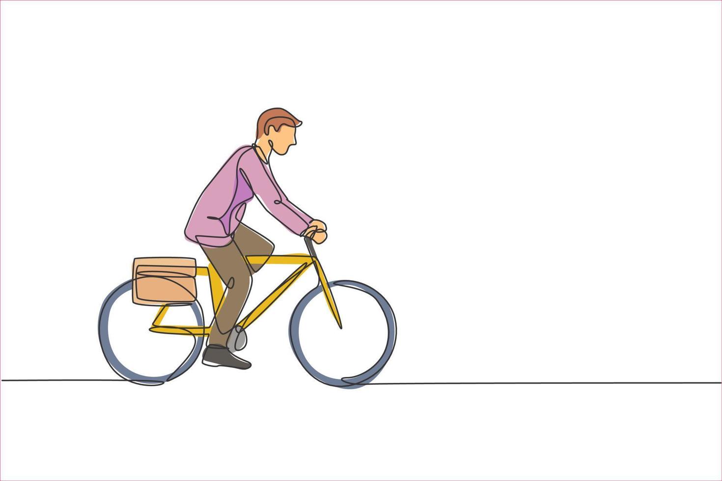 um único desenho de linha de jovem funcionário de inicialização profissional feliz anda de bicicleta para a ilustração vetorial de espaço de coworking. conceito de estilo de vida saudável do viajante. design moderno de desenho de linha contínua vetor