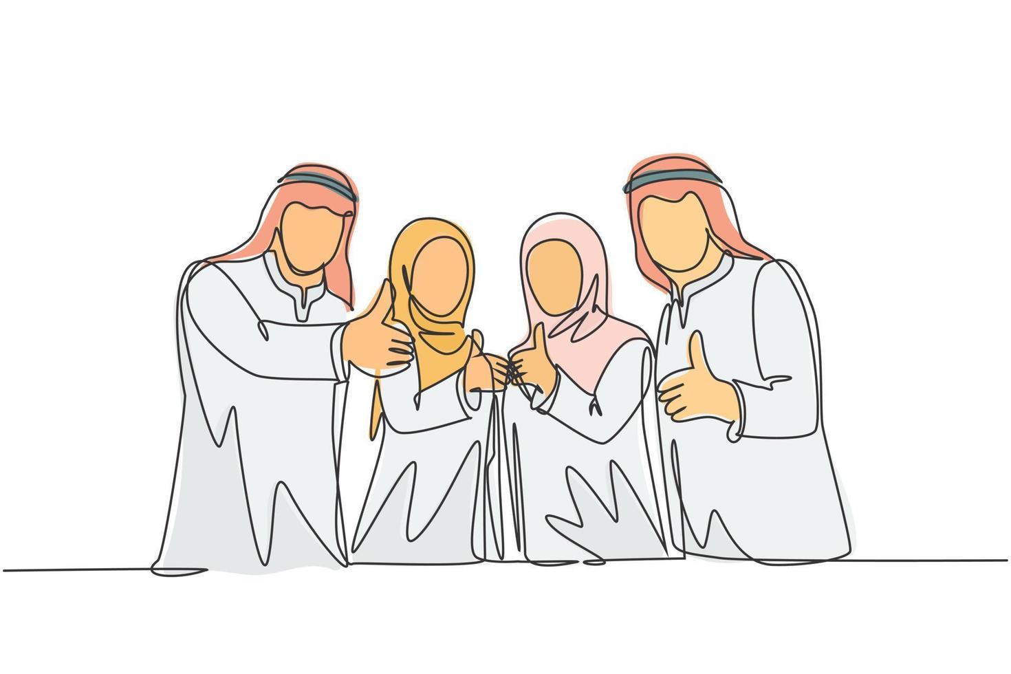 um único desenho de linha de jovens empresários muçulmanos felizes se alinham perfeitamente e fazem sinal de positivo. pano da Arábia Saudita shmag, kandora, lenço na cabeça, ghutra. ilustração em vetor desenho desenho em linha contínua