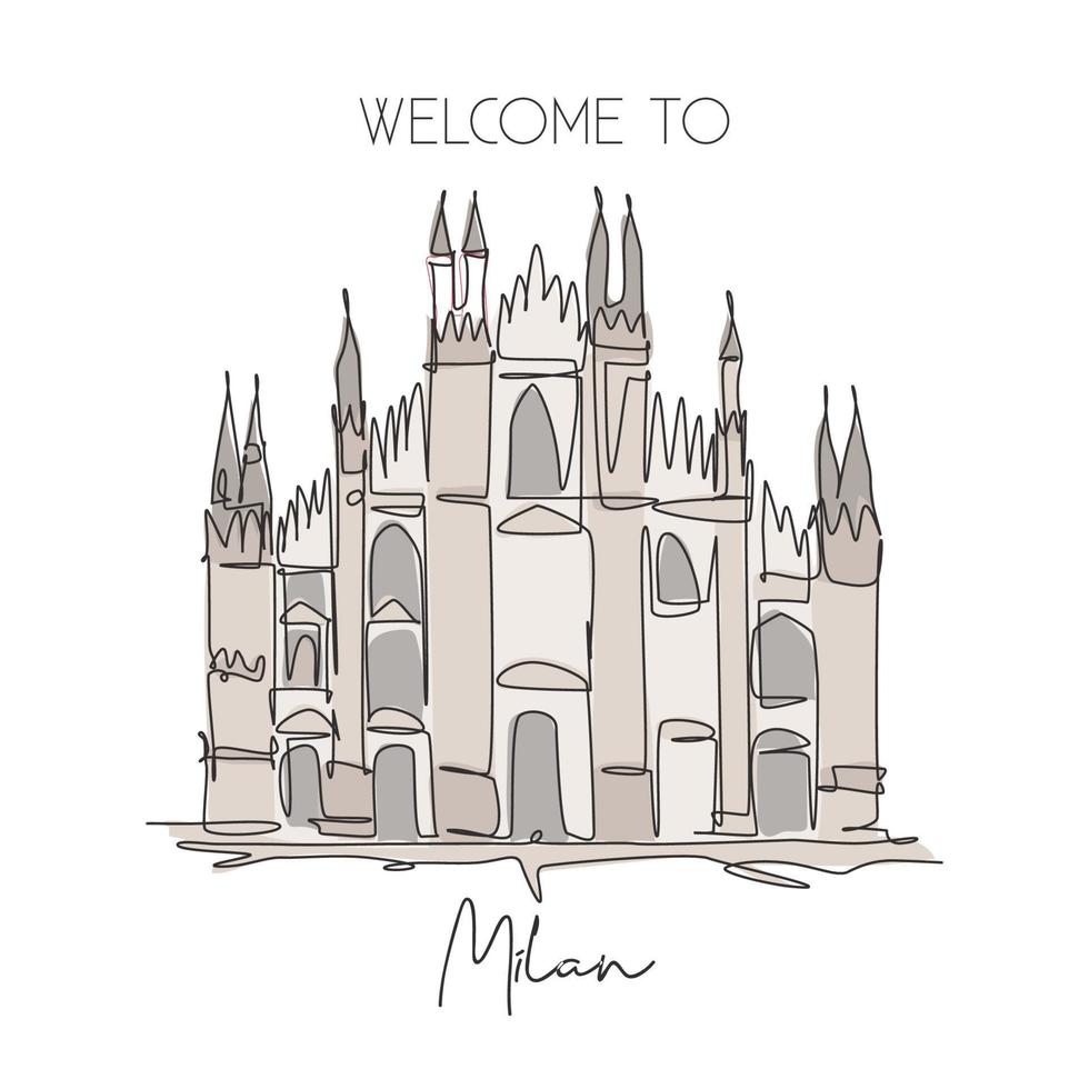 um único marco de desenho de linha duomo di milano. lugar mundialmente famoso em milão, itália. conceito de cartaz de decoração de parede para casa de cartão postal de viagens de turismo. ilustração em vetor design de desenho de linha contínua moderna