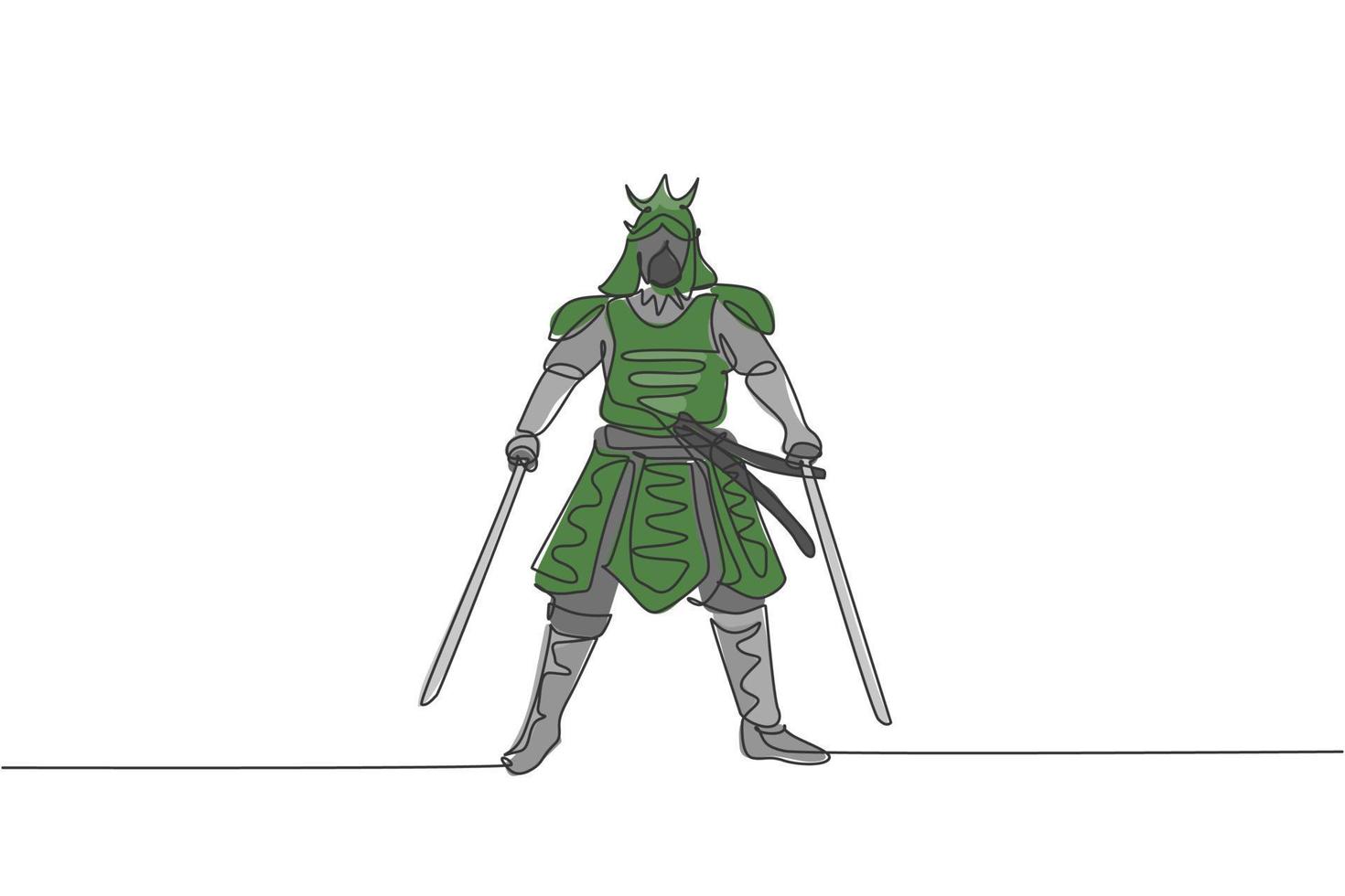 um único desenho de linha do jovem guerreiro samurai japonês segurando a espada katana praticando no centro dojo ilustração gráfica vetorial. conceito de arte marcial combativo. design moderno de desenho de linha contínua vetor