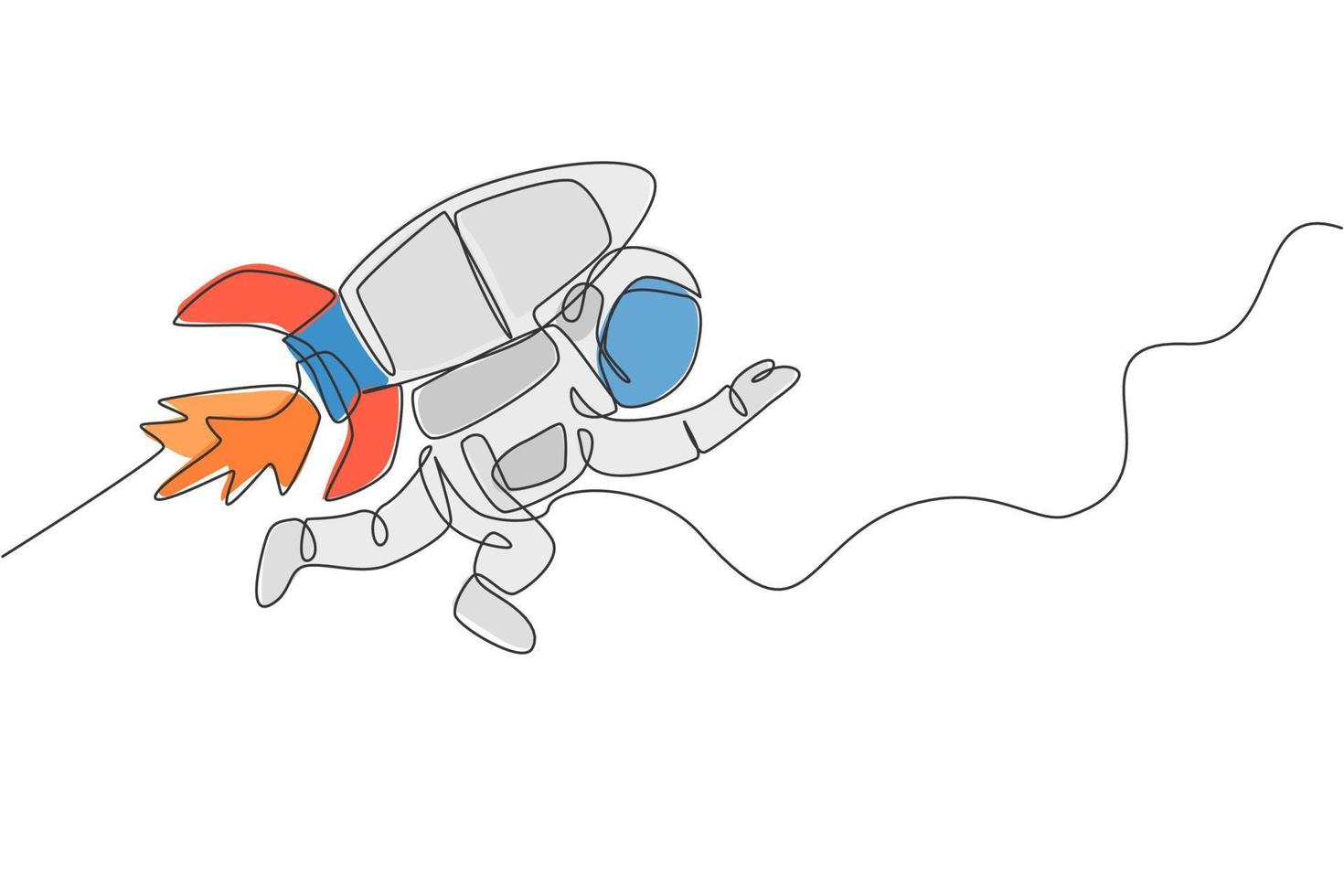 uma linha contínua desenho astronauta astronauta ciência descobrindo cosmos galácticos com foguete jetpack. exploração do conceito de espaço sideral. ilustração gráfica de vetor de desenho de linha única dinâmica