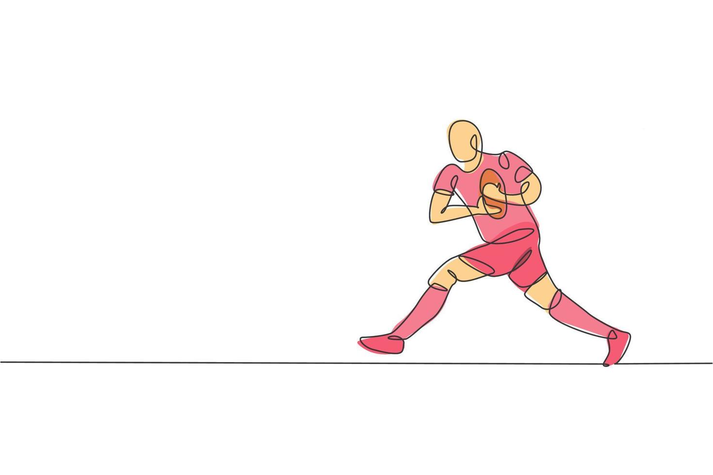 um único desenho de linha do jovem jogador de rugby energético correndo e segurando a ilustração vetorial de bola. conceito de esporte de trabalho em equipe saudável. design moderno de desenho de linha contínua para cartaz de torneio de rugby vetor