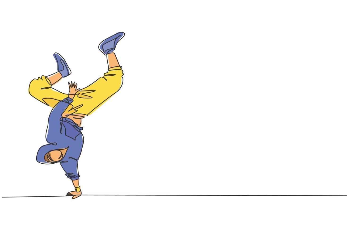 uma linha contínua desenhando homem jovem dançarino de break desportivo com capuz show estilo de dança hip hop na rua. conceito de esporte de estilo de vida urbano. ilustração gráfica de vetor de desenho de linha única dinâmica