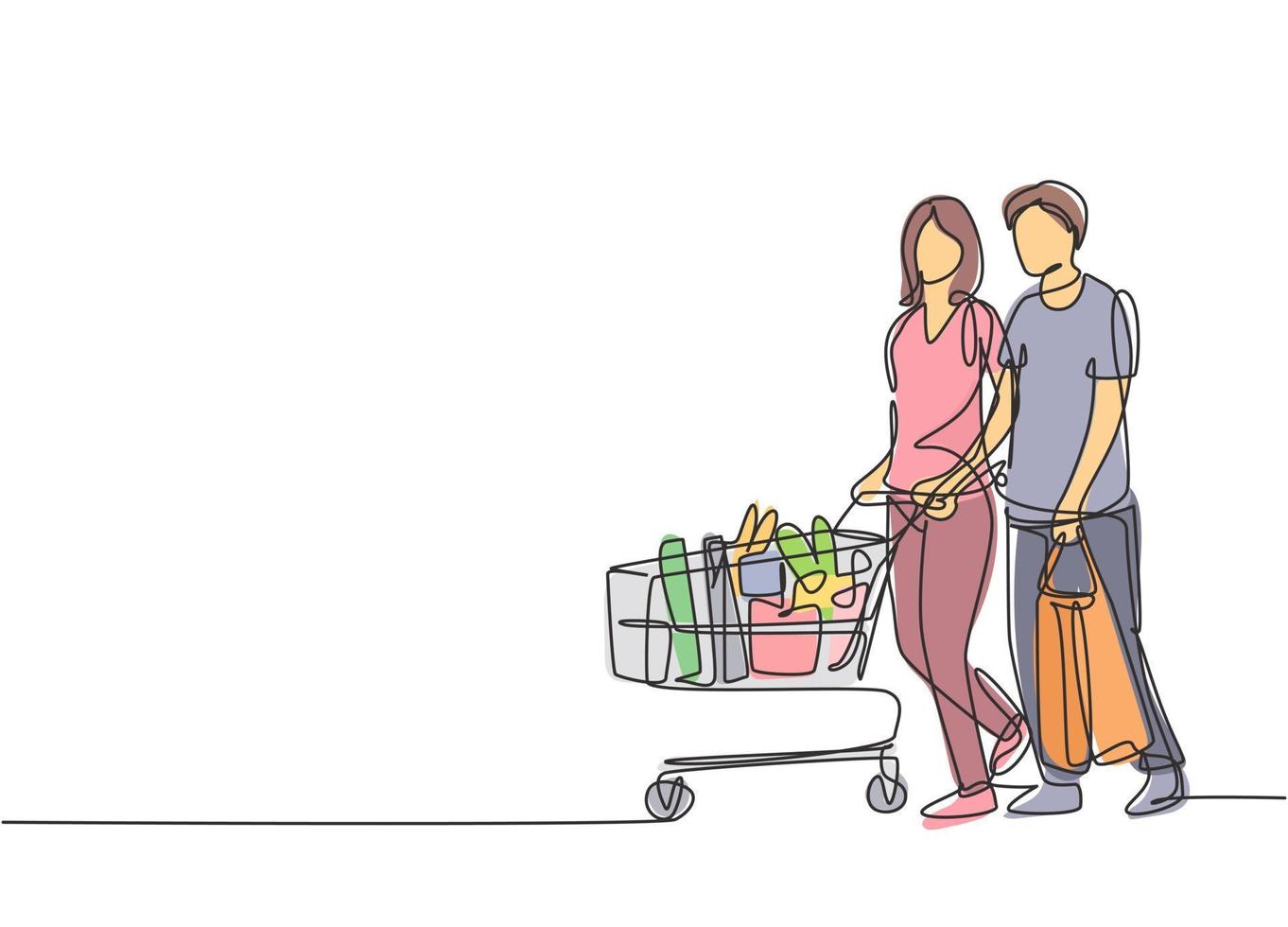 única linha contínua desenho jovem casal romântico feliz empurrando o carrinho e compras de produtos diários juntos no hipermercado. conceito de compras. ilustração de design gráfico vetorial desenho de uma linha vetor