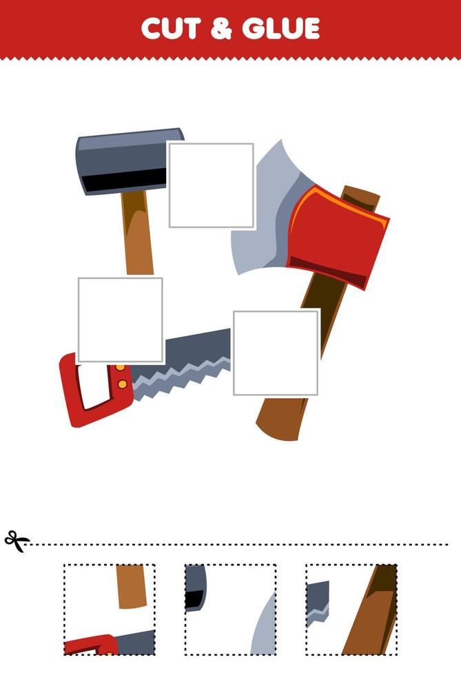 Educação jogos para crianças cortar e cola cortar partes do fofa desenho animado martelo Machado e Serra cenário imprimível ferramenta planilha vetor