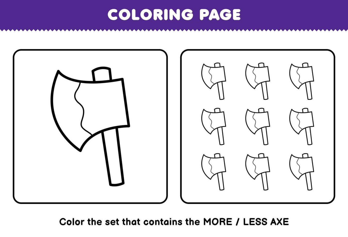 Educação jogos para crianças coloração página Mais ou Menos cenário do fofa desenho animado Machado linha arte conjunto imprimível ferramenta planilha vetor
