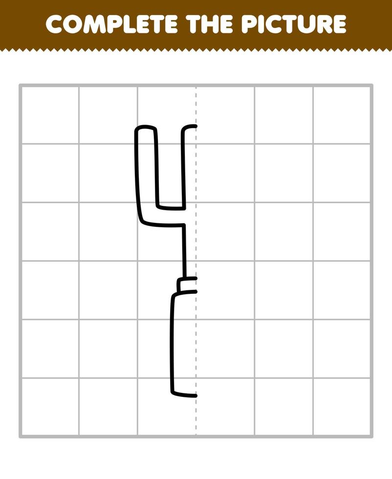 Educação jogos para crianças completo a cenário do fofa desenho animado garfo metade esboço para desenhando imprimível ferramenta planilha vetor