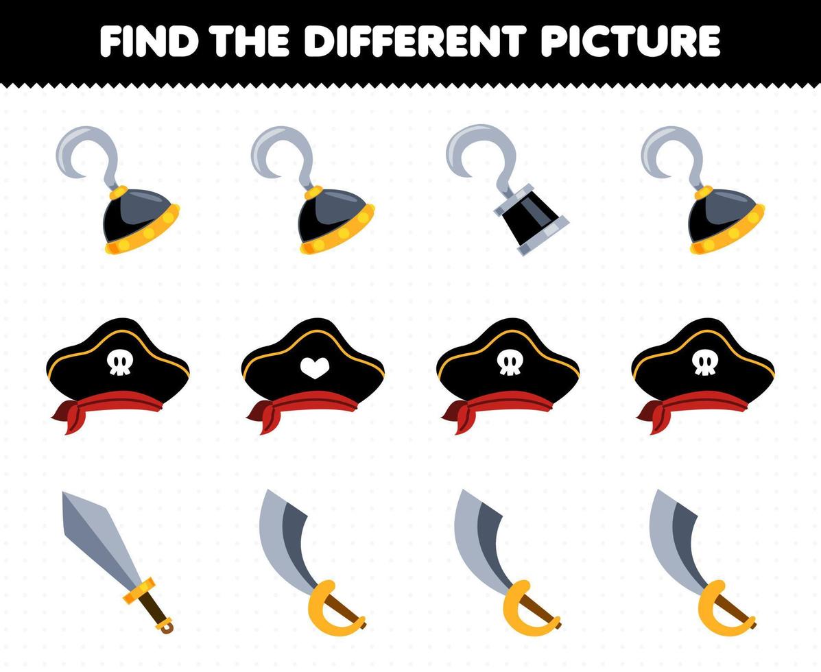 Educação jogos para crianças encontrar a diferente cenário dentro cada linha do fofa desenho animado gancho chapéu e espada imprimível pirata planilha vetor