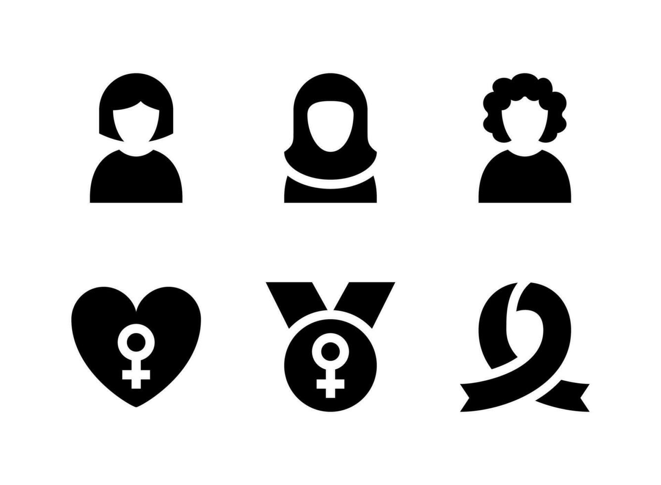conjunto simples de ícones sólidos de vetor relacionados ao dia das mulheres. contém ícones como mulher, hijab, cacheado, amor e muito mais.