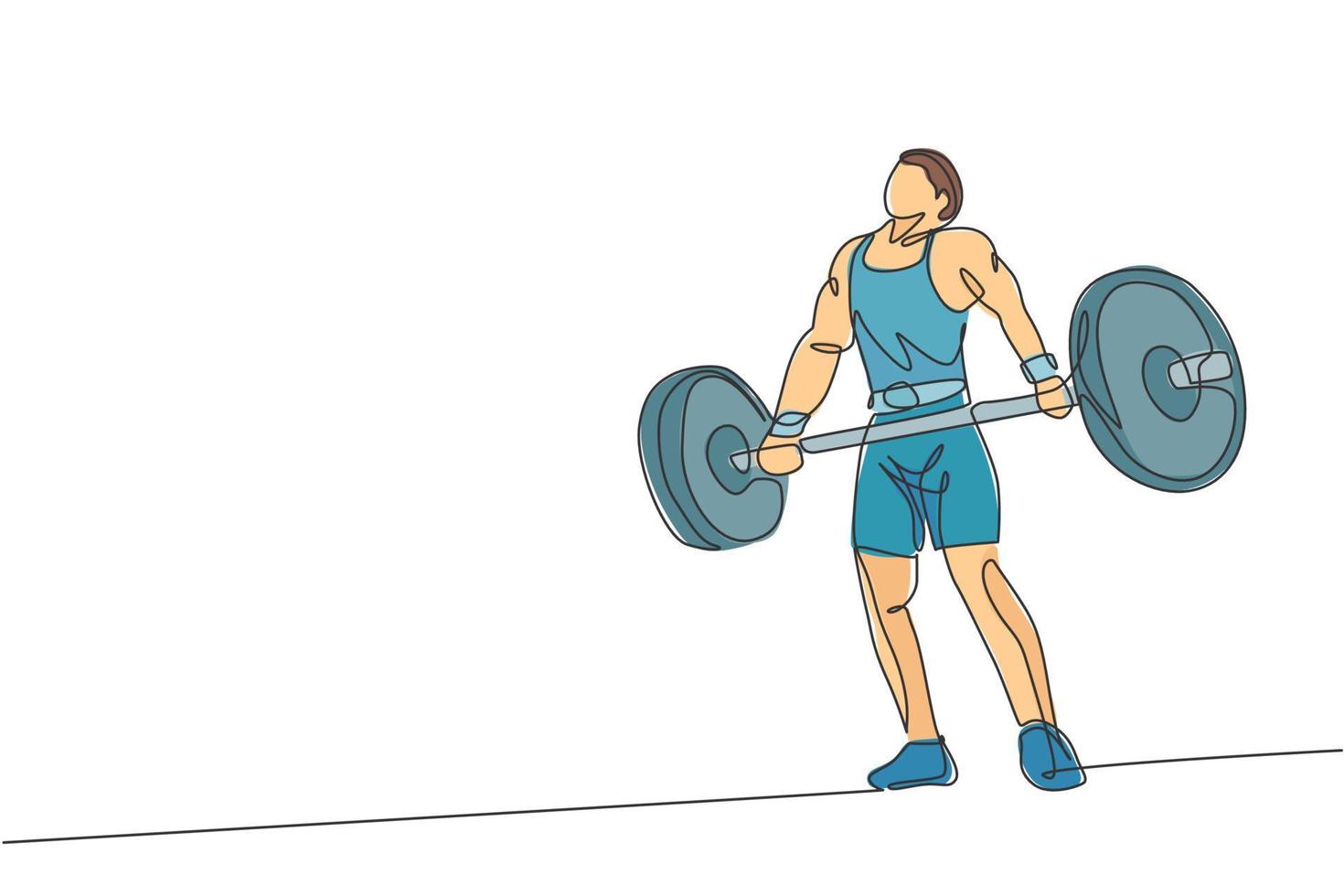 um desenho de linha contínua de homem jovem fisiculturista fazendo exercício com uma barra de peso pesado no ginásio. conceito de levantamento de peso de trem powerlifter. ilustração gráfica vetorial de design de desenho de linha única dinâmica vetor