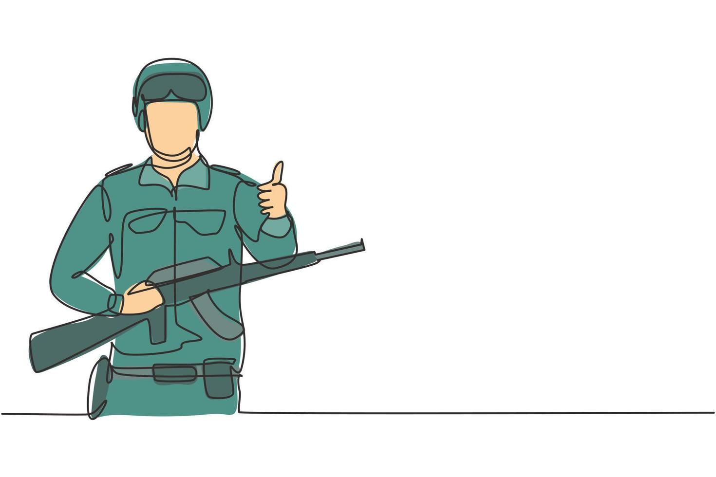 contínua uma linha desenhando soldados com armas, uniformes completos, gestos de polegar para cima estão prontos para defender o país no campo de batalha contra o inimigo. ilustração gráfica do vetor do desenho do desenho de linha única.