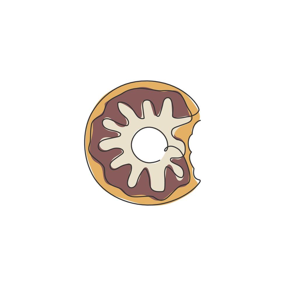 um único desenho de linha de rosquinhas doces frescas armazenam ilustração em vetor gráfico de logotipo. menu de café de fast food de donut e conceito de crachá de restaurante. logotipo de comida de rua de design de desenho de linha contínua moderno