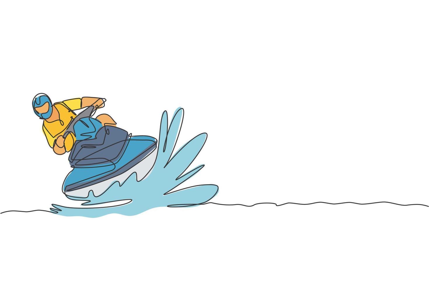 único desenho de linha contínua de jovem turista desportivo divertido jogando jet ski no mar. conceito de esporte marítimo extremamente perigoso. férias de verão. ilustração em vetor design de desenho de uma linha na moda