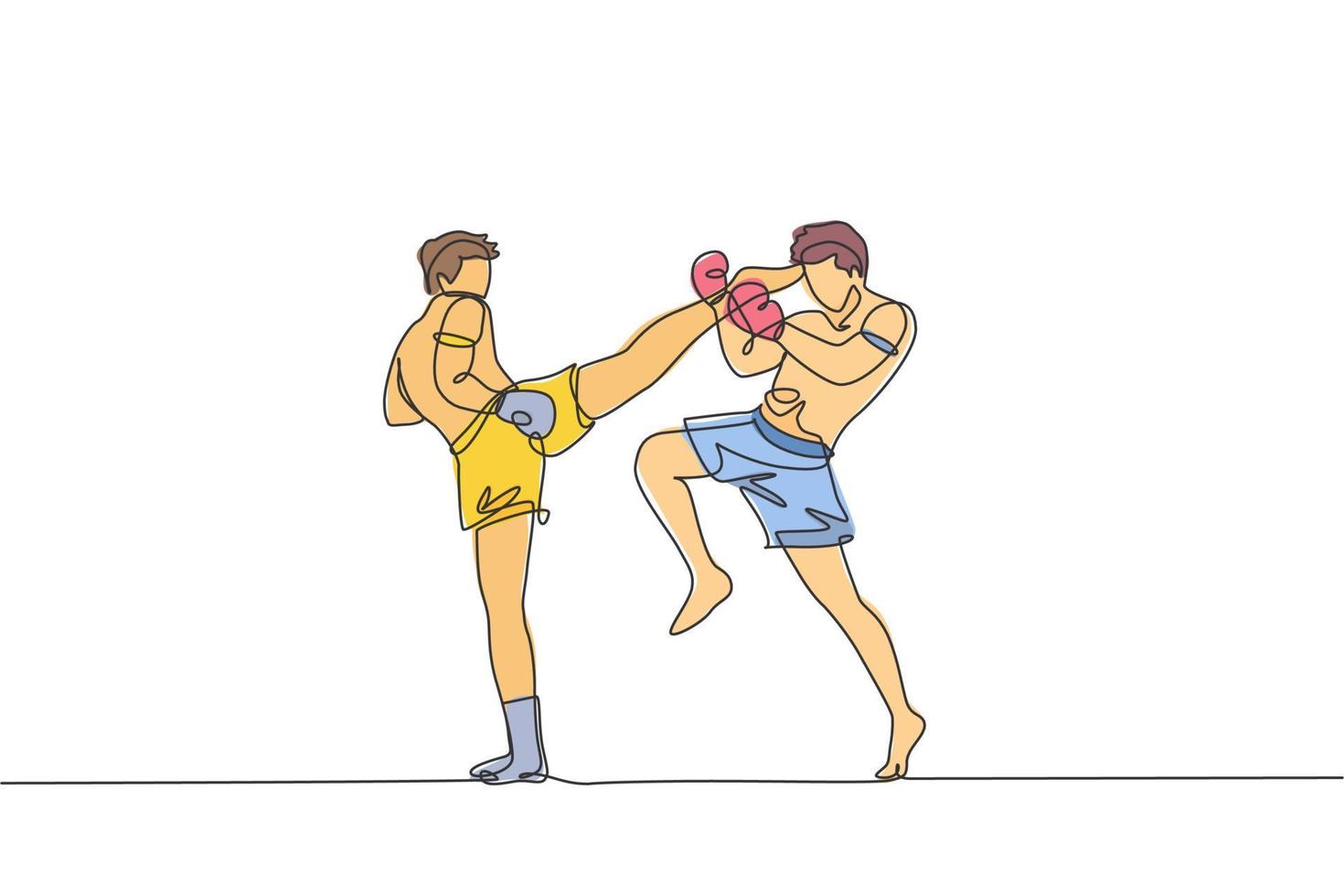 um único desenho de linha de um jovem lutador de muay thai energético exercitando-se na ilustração vetorial do centro gráfico de fitness do ginásio. conceito de esporte de boxe tailandês combativo. design moderno de desenho de linha contínua vetor