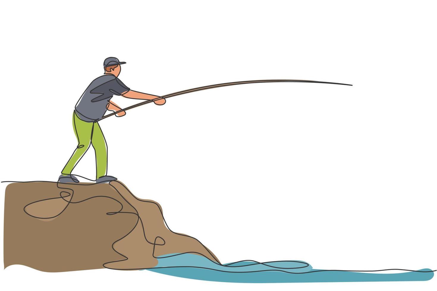 um desenho de linha contínua de jovem pescador feliz em pé e pescando em uma colina de terra do lago lateral. conceito de férias de passatempo de lazer de pesca. ilustração em vetor gráfico de desenho de linha única dinâmica