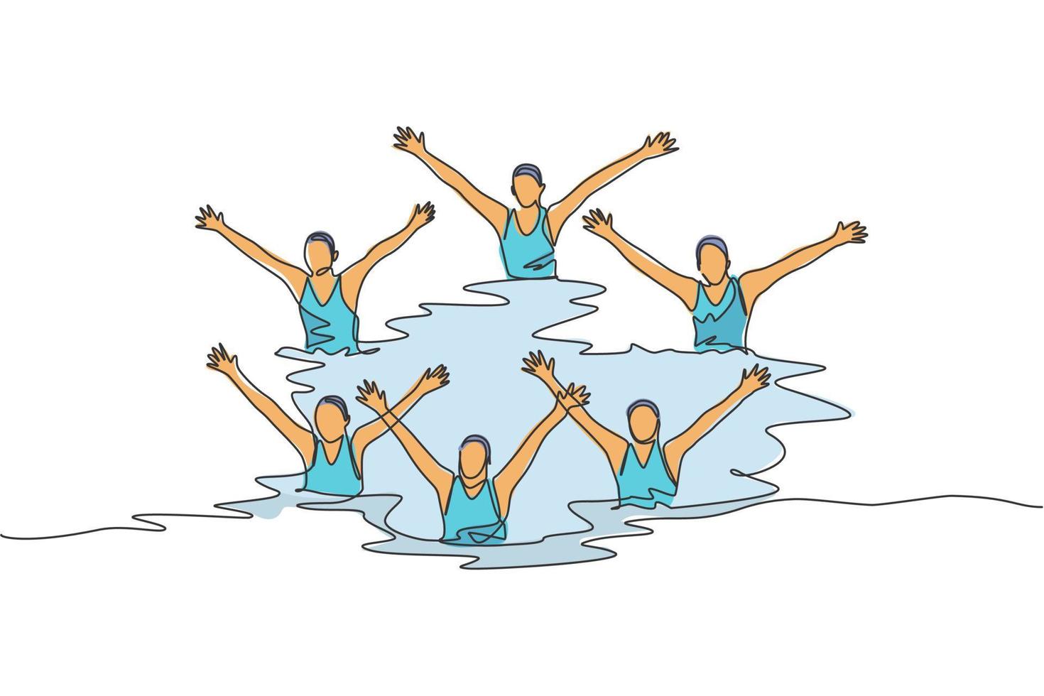 1 solteiro linha desenhando do jovem beleza mulheres nadador realizando sincronizado rotina do elaborar movimentos dentro a água vetor ilustração. equipe água esporte evento conceito. moderno contínuo linha desenhar