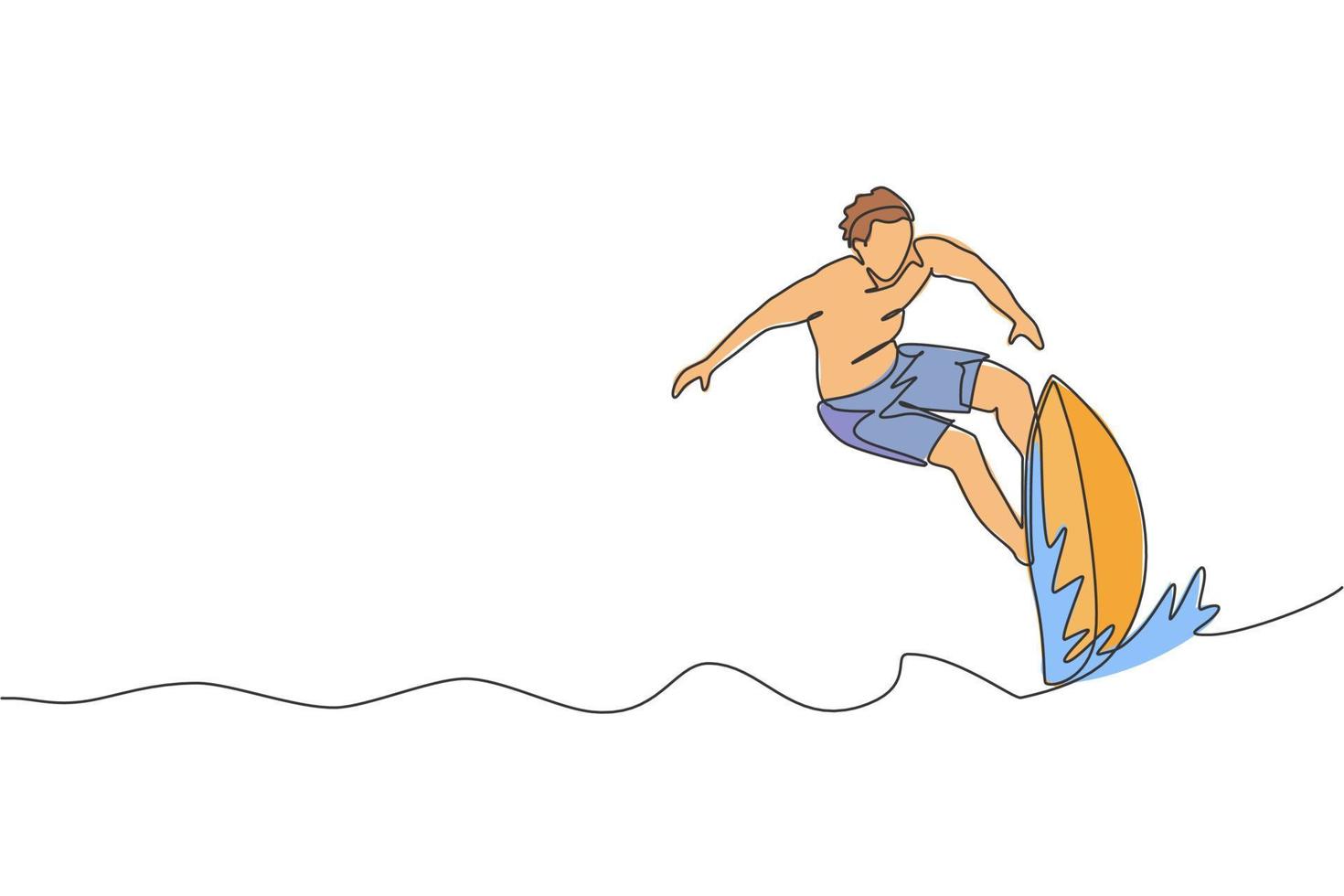 um único desenho de linha do jovem surfista desportivo montando em ondas grandes na ilustração gráfica de vetor do paraíso da praia de surf. conceito de estilo de vida de esportes aquáticos extremos. design moderno de desenho de linha contínua