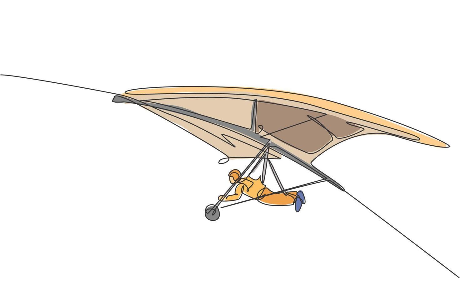 um único desenho de linha de jovem desportivo voando com pára-quedas de asa delta na ilustração vetorial gráfico do céu. conceito de esporte radical. design moderno de desenho de linha contínua vetor