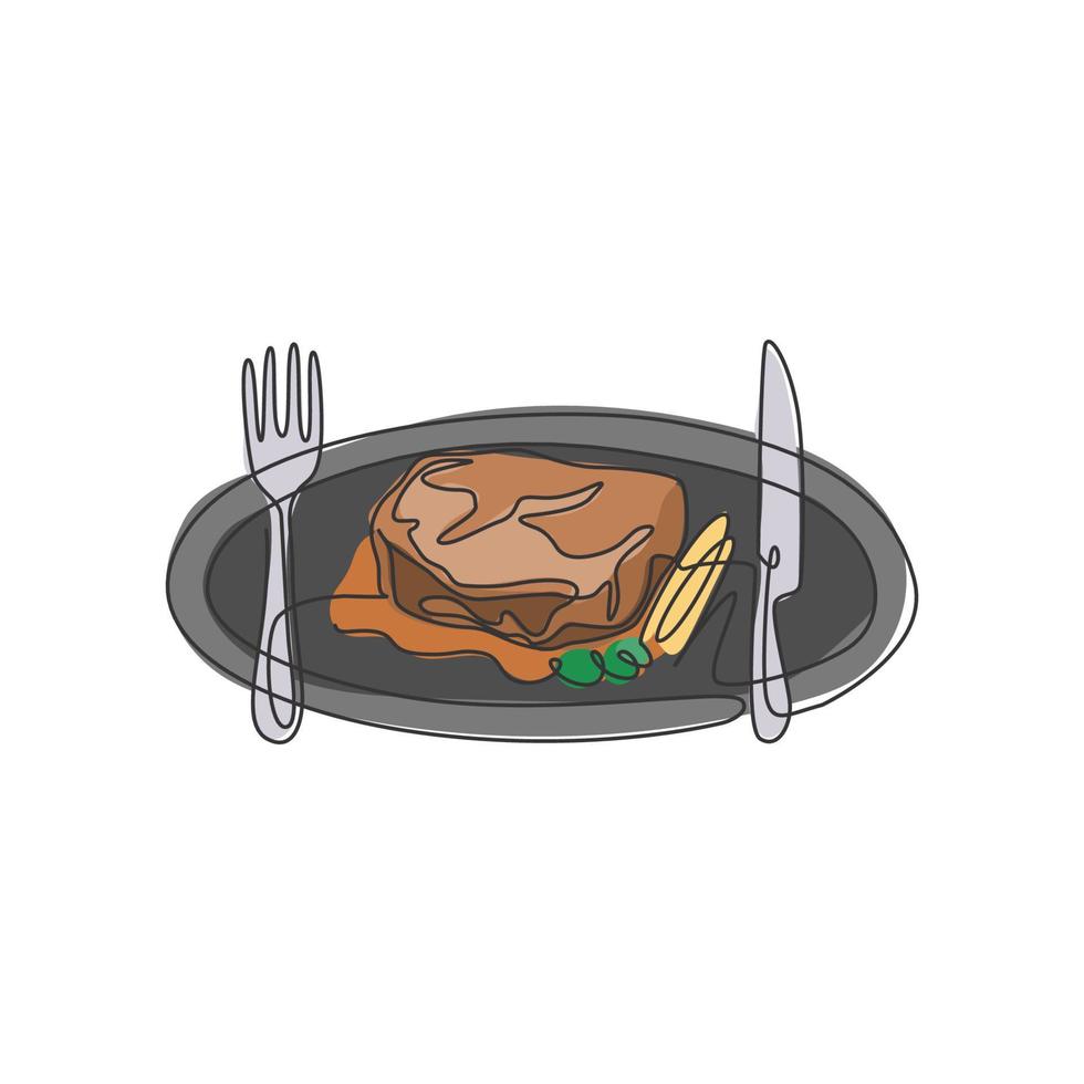 único desenho de linha contínua de bife de alecrim estilizado no prato com garfo e faca. conceito de logotipo de restaurante de bife. ilustração gráfica de vetor de desenho de desenho de uma linha moderna