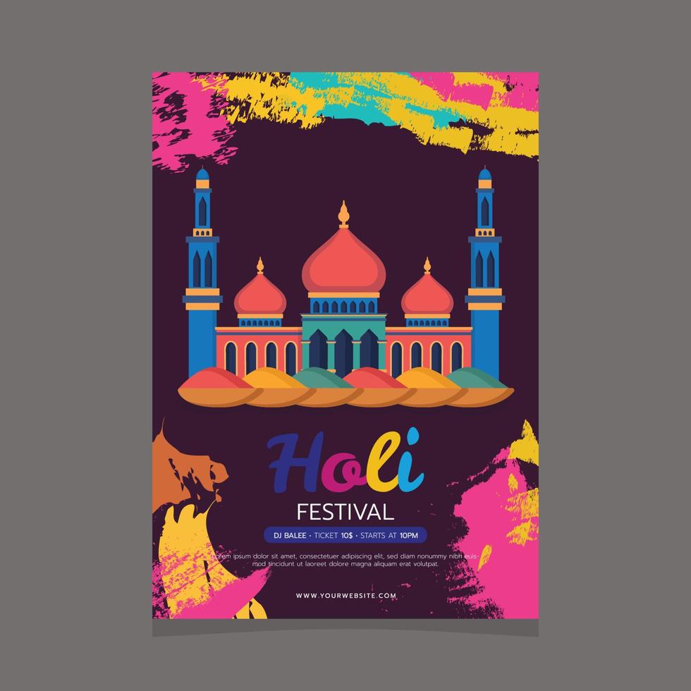 uma poster para holi festival com uma mesquita dentro a fundo. vetor