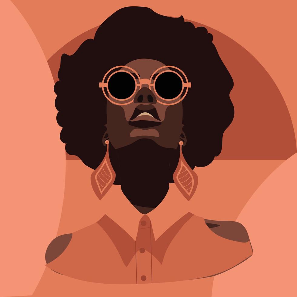 uma moderno africano mulher dentro retro Rosa óculos e joia. uma cabelo encaracolado afro-americano mulher parece às você com óculos em uma Rosa fundo. vetor ilustração do uma lindo Forte mulher. modesto