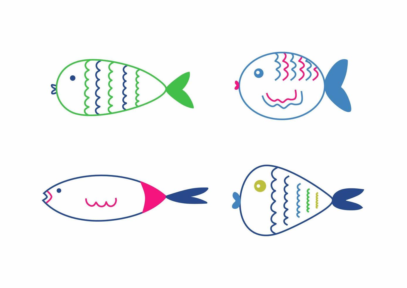 rabisco mão desenhado diferente peixes. desenho animado estilo. colorida linhas. isolado em branco fundo. vetor