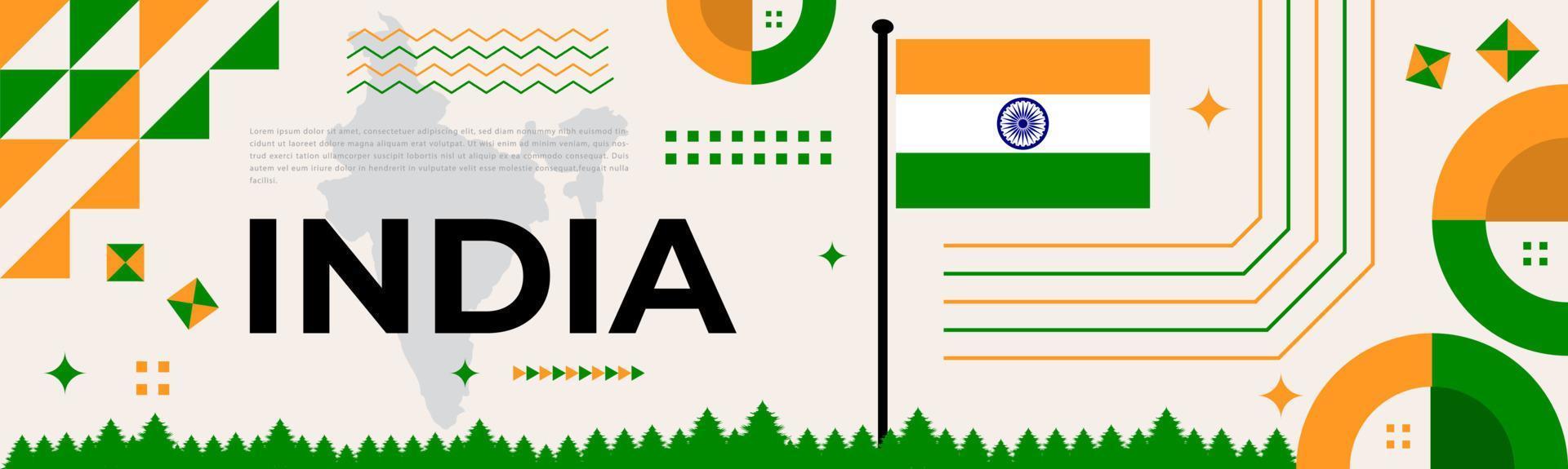 Índia nacional dia bandeira com mapa, bandeira cores tema fundo e geométrico abstrato retro verde branco laranja verde Projeto. indiano independência dia tema. branco fundo vetor ilustração